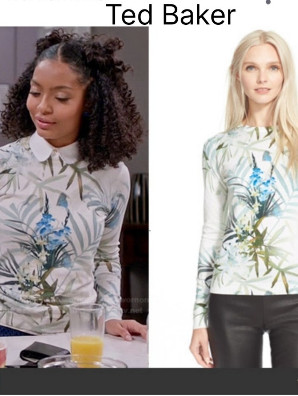 Ted Baker White Floral-Print Long Sleeve Tee with Blue Accents Sz 3 Or Medium
